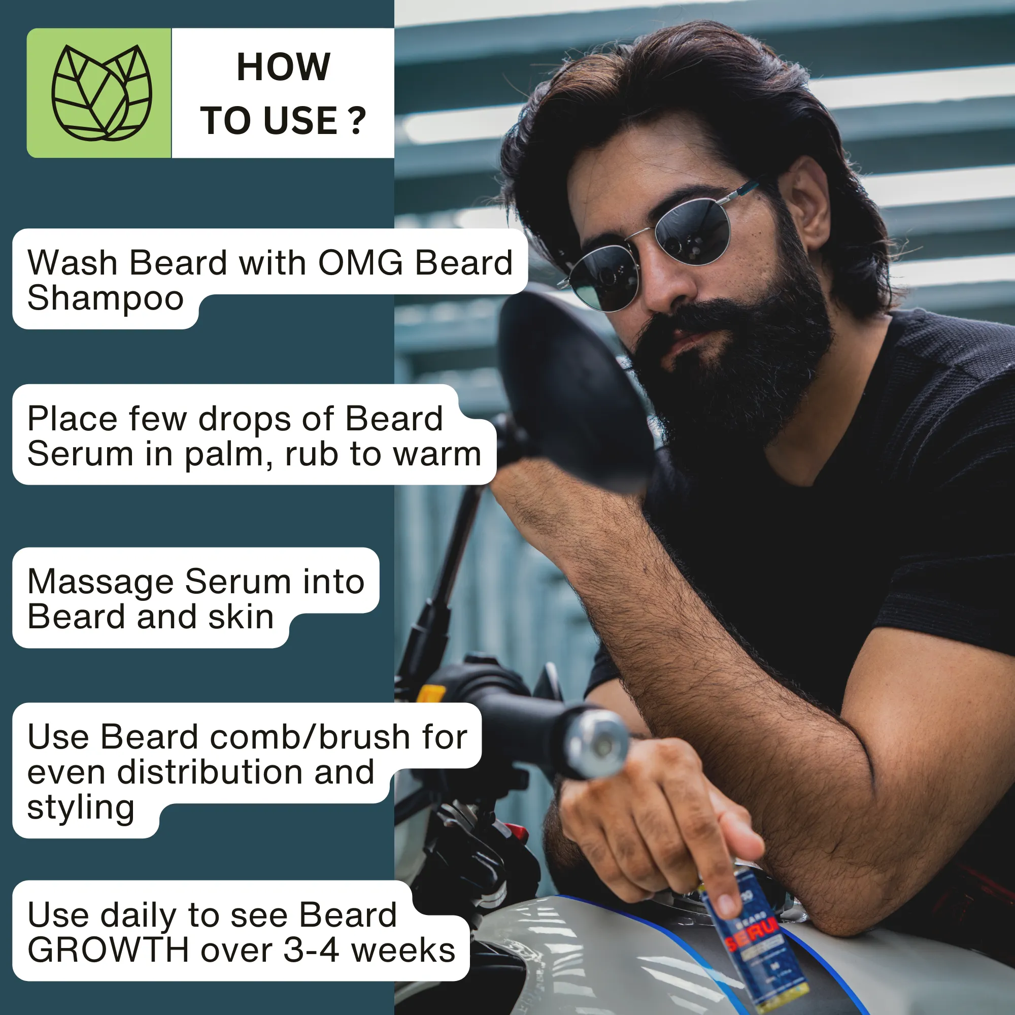 OMG Beard Shampoo & Conditioner 180ml and OMG Beard Serum 50ml Combo | Promotes Hair Growth, Gives Shine, Reduces Dandruff | Contains Natural Oils and Enriched with Vitamin E & Vitamin C