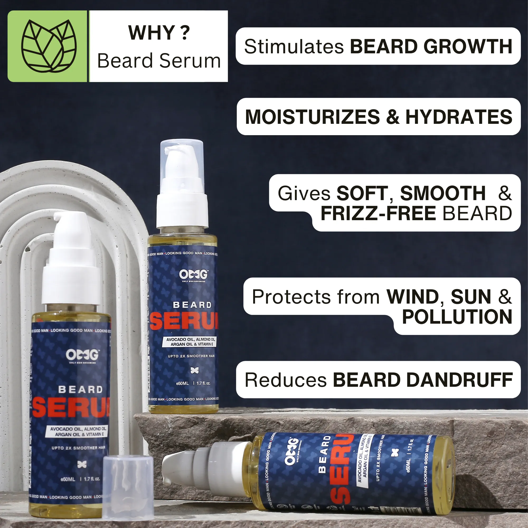 OMG Beard Shampoo & Conditioner 180ml and OMG Beard Serum 50ml Combo | Promotes Hair Growth, Gives Shine, Reduces Dandruff | Contains Natural Oils and Enriched with Vitamin E & Vitamin C